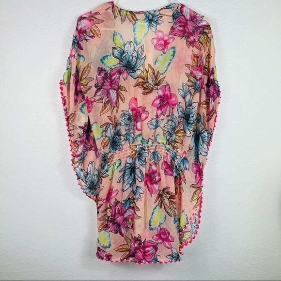 Miken Swim V-Neck Smocked Poncho Cover Up Tassels Tropical Floral size S - Picture 4 of 6